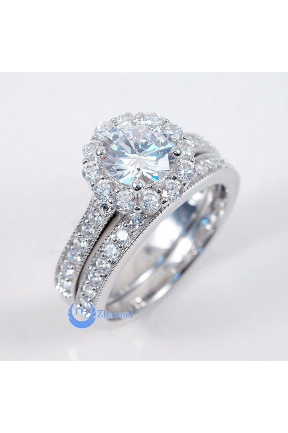1ct Round Cut Engagement Wedding Set 2 RINGS Signity CZ Rhodium Sterling Silver (SIZE: 6)