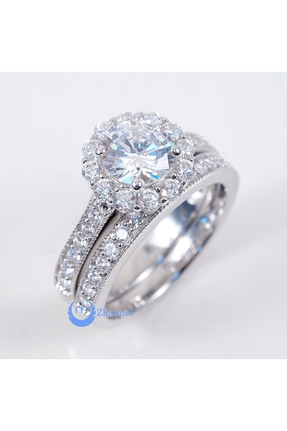 1ct Round Cut Engagement Wedding Set 2 RINGS Signity CZ Rhodium Sterling Silver (SIZE: 8)