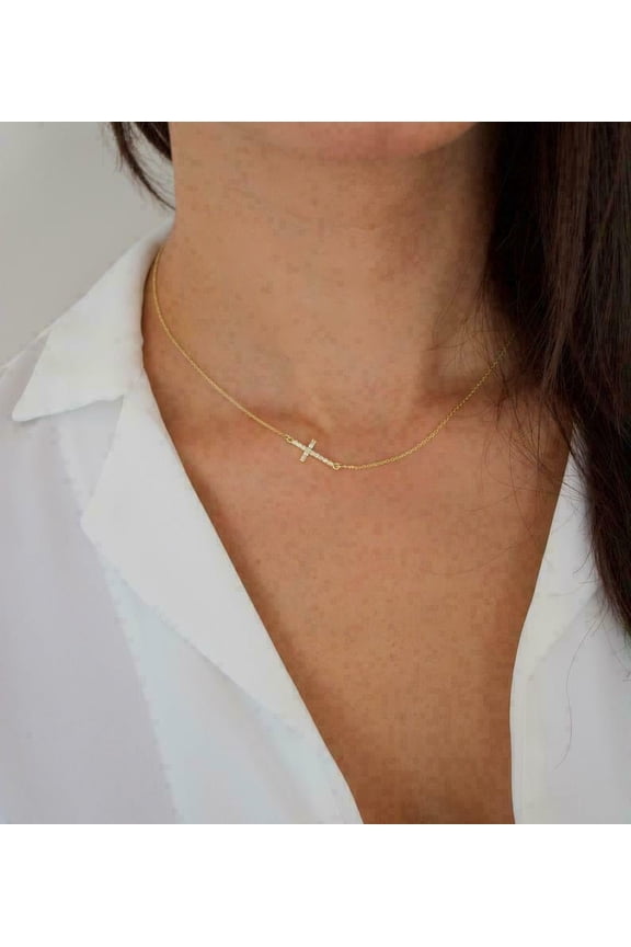 1ct Round Simulated Sideways Cross Pendant Necklace For Women 14k Gold Finish