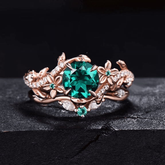 1ct Twig Round Cut Green Emerald Engagement Ring Set- 14k Rose Gold Vermeil- Art Deco Twist Leaf May Birthstone Ring
