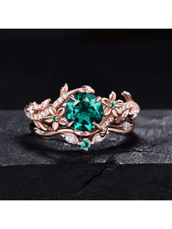 1ct Twig Round Cut Green Emerald Engagement Ring Set- 14k Rose Gold Vermeil- Art Deco Twist Leaf May Birthstone Ring