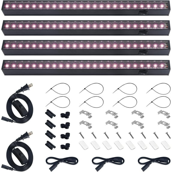 1ft Grow Lights for Indoor Plants Full Spectrum, LED Grow Lamp with Black Cover, T5 Grow Light Strip, Under Cabinet Grow Light with Switch Cord, Plug and Play, Linkable, Pinkish White, 4 Packs