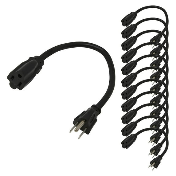 1ft Power Extension Cord 12-Pack - 14AWG SJTW Short Extension Cords, 15A 125V 1875W, 3-Prong Power Cord, NEMA 5-15P to 5-15R, Black, UL Listed