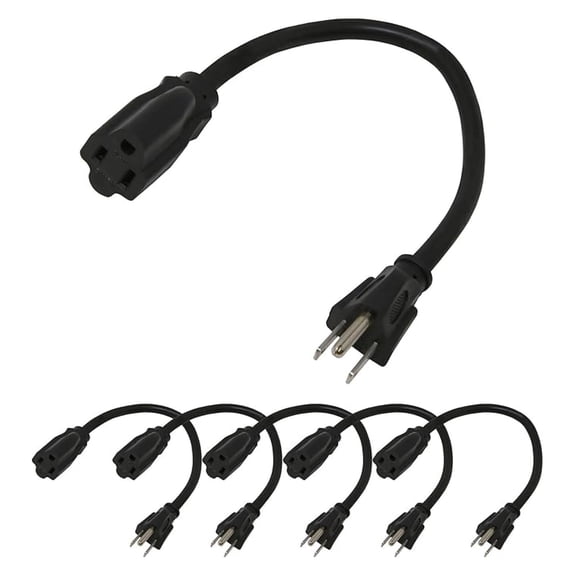 1ft Power Extension Cord, 6-Pack, 14AWG SJTW Short Extension Cord, 15A 125V 1875W, 3 Prong Power Cord, NEMA 5-15P to NEMA 5-15R, Black, UL Listed