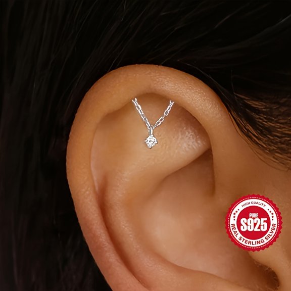 [1g Silver Flat Thread Ear Stud] 1pc 925 Silver Flat Thread Ear Bone Stud with Design Sense, Trendy, Low Allergy, 1g,Silvery