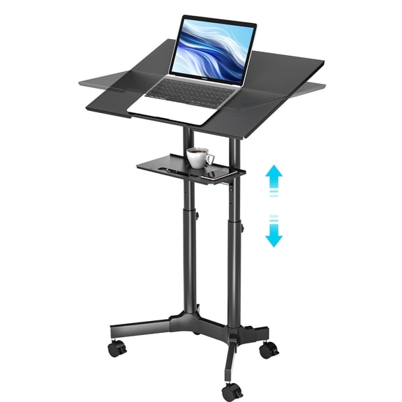 BONTEC Lecterns & Podiums Portable Mobile Standing Laptop Desk, Height Adjustable, Sit Stand, Home Office Classroom Pulpit Stand Up Desk Workstation, Rolling Table Laptop Cart with Storage Tray