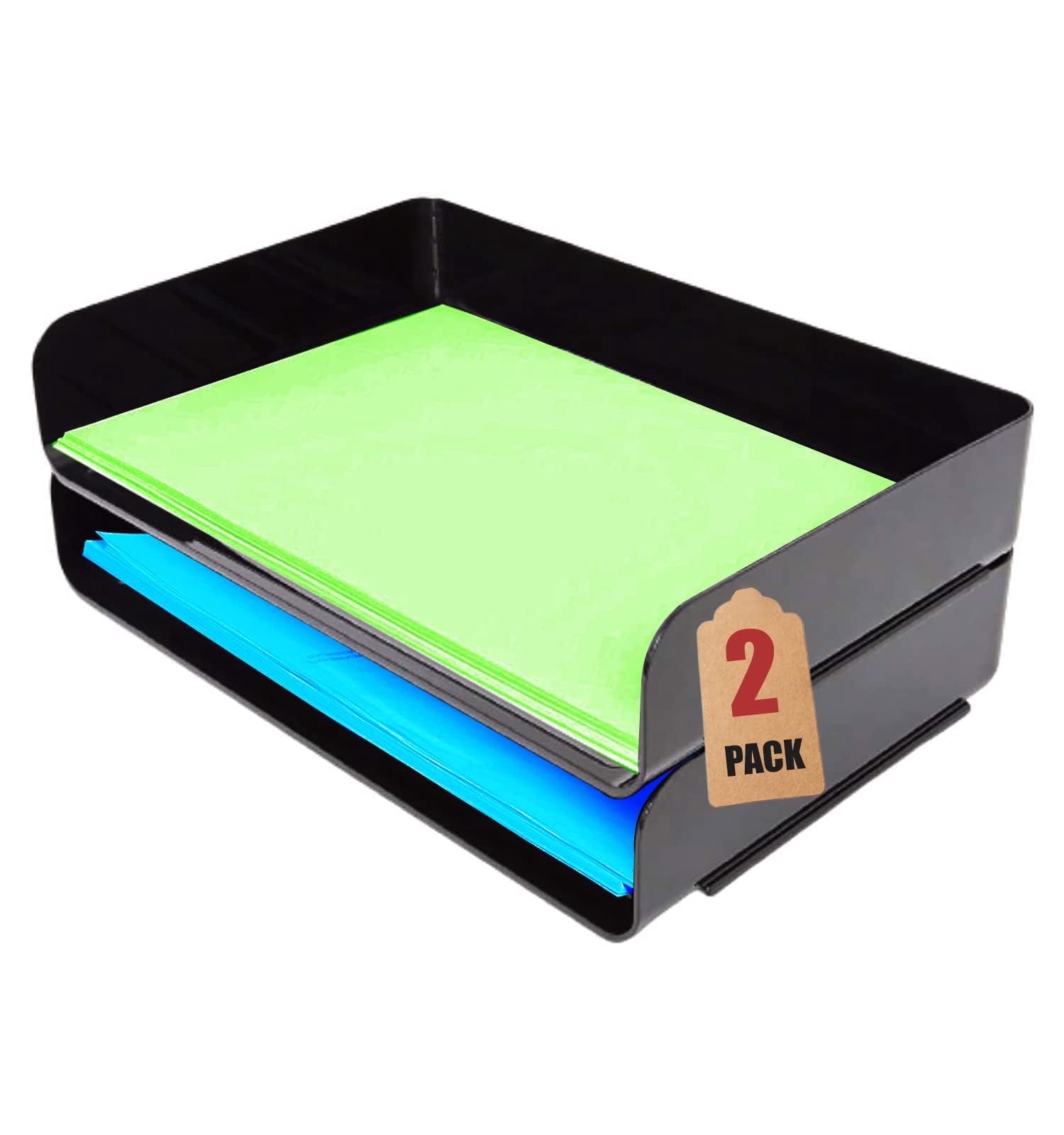 1inTheOffice Stackable Paper Tray, Legal Size Plastic Desk Tray Organizer, Side Load Tray, Black (2 Pack)
