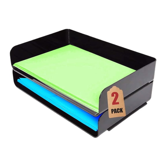 1inTheOffice Stackable Paper Tray, Legal Size Plastic Desk Tray Organizer, Side Load Tray, Black (2 Pack)