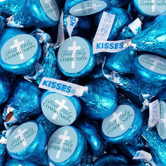 85ct Boy First Communion Blue Stickered Milk Chocolate Kisses For Party Favors, Gifts & More (13.6oz)
