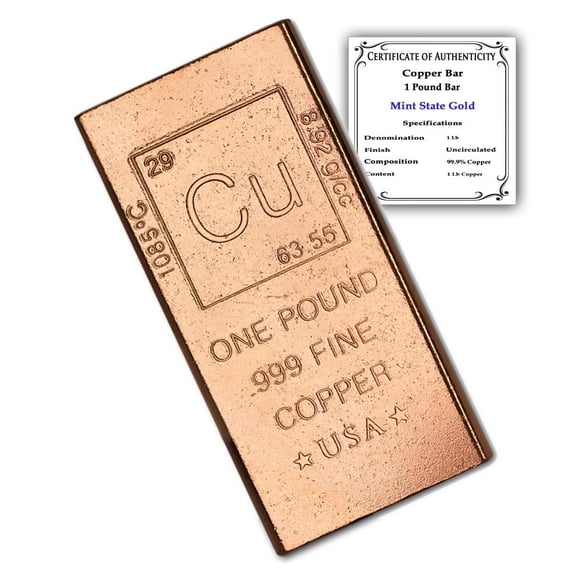 1lb Copper Flat Bar Element Design w/Certificate of Authenticity by Mint State Gold