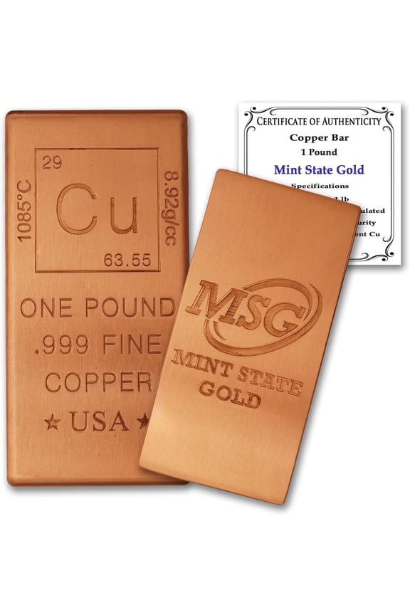 One Pound (1 lb) Copper Flat Bar Element Design w/Certificate of Authenticity by Mint State Gold