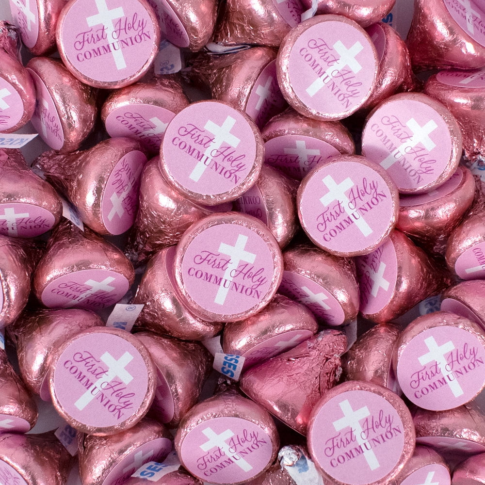 85ct Girl First Communion Pink Stickered Milk Chocolate Kisses For Party Favors, Gifts & More (13.6oz)
