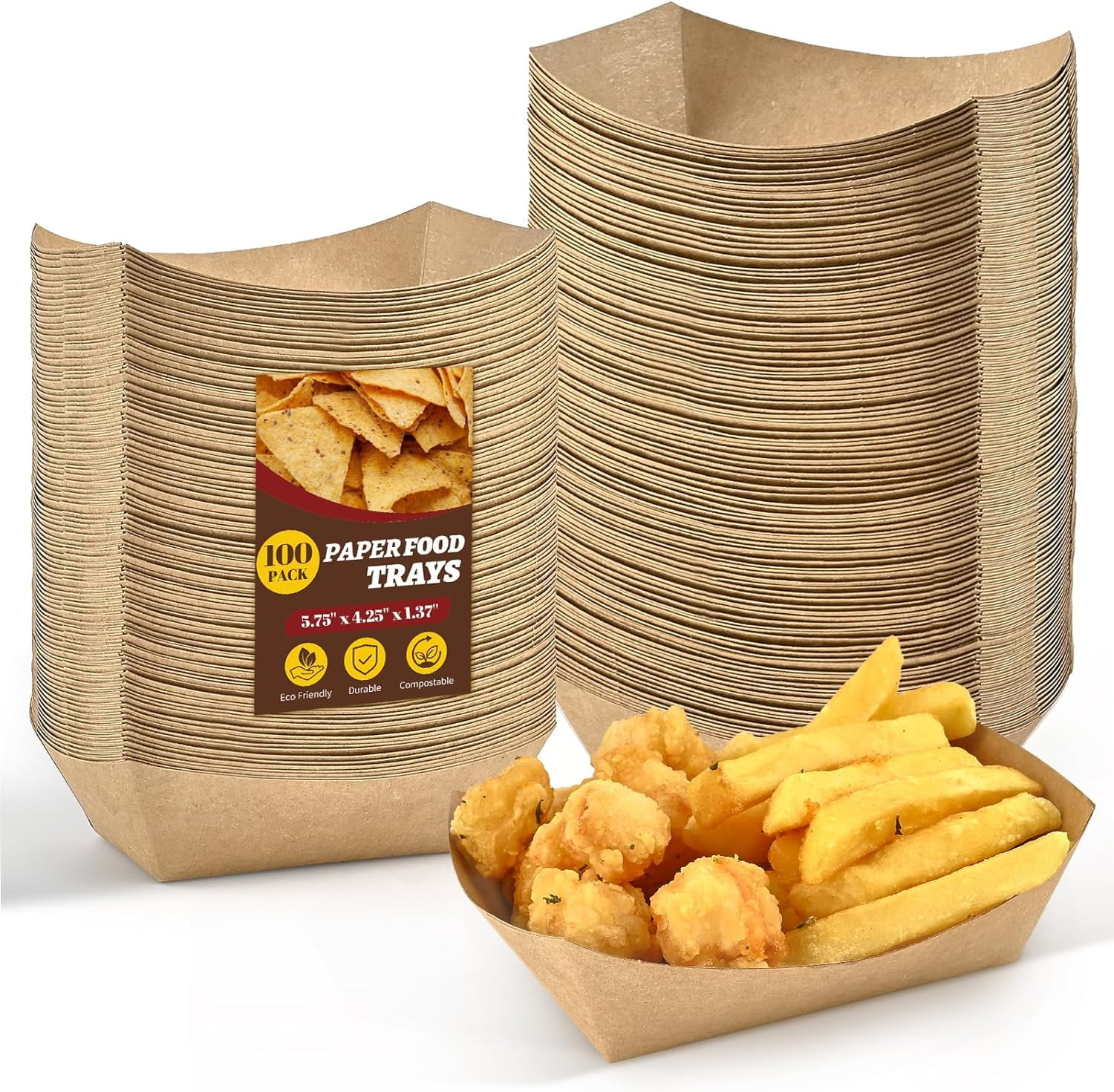 1lb Paper Food Trays, 100 Pack Heavy Duty Kraft Food Boats Holders ...