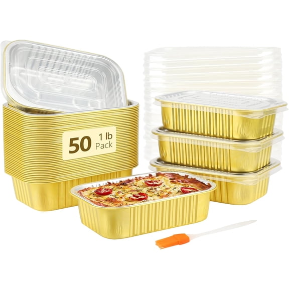 1lb Small Foil Pans With PP Lids 50 Pack, 16oz Heavy Duty Aluminum Leftover Containers Holders,Disposable Baking Tins To Go Containers For Cooking Heating Storing Meal Prep