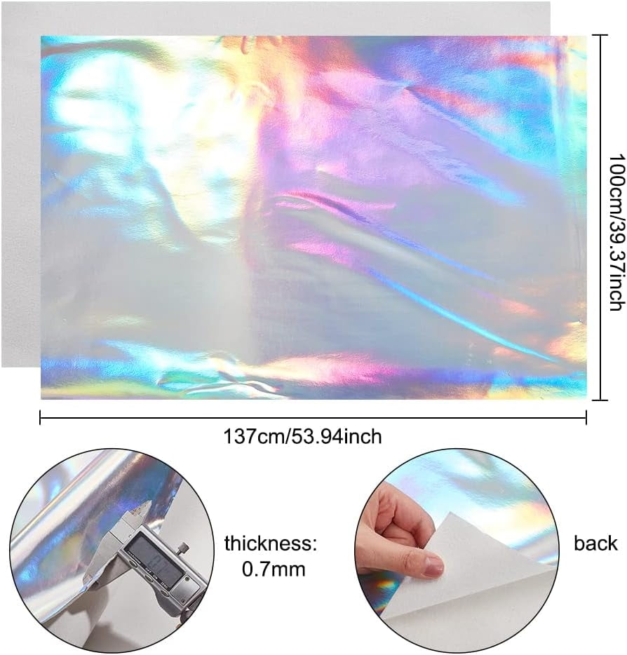 1m Holographic Faux Leather Fabric 54x39inch Silver PU Leather Roll Laser Leather Fabric Soft Faux Leather Fabric Suitable for Bow Earring Making Handicraft Crafts or Other