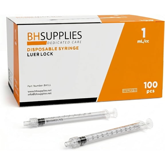 1ml Luer Lock Tip Syringes (No Needle) - Sterile, Individually Wrapped - 100 Syringes