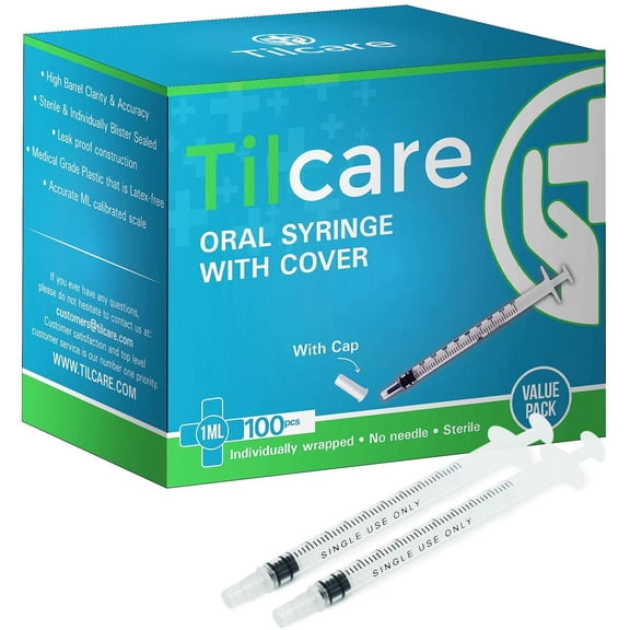 1ml Oral Dispenser Syringe with Cover 100 Pack by Tilcare - Sterile Plastic Syringes for Children, Pets & Adults Latex-Free Medication Syringes Without Needle - Syringes for Glue and Epoxy