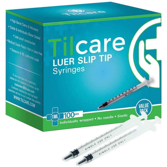 1ml Syringe Without Needle Luer Slip 100 Pack by Tilcare - Sterile Plastic Medicine Syringe for Children, Pets or Adults Latex-Free Syringes for Glue and Epoxy