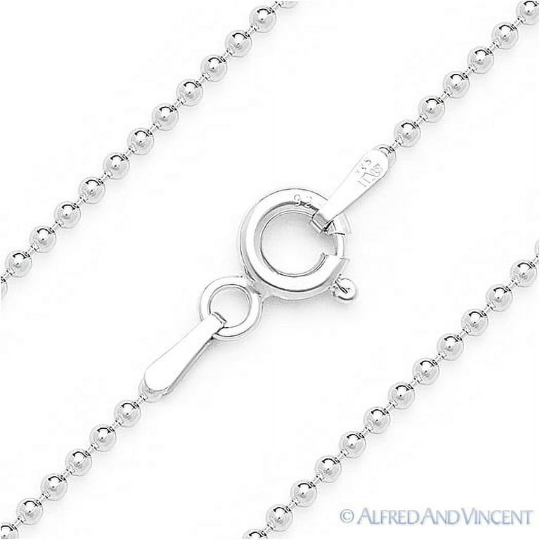 1mm Polished Ball Bead Link Thin Chain Necklace in .925 Sterling Silver w Rhodium