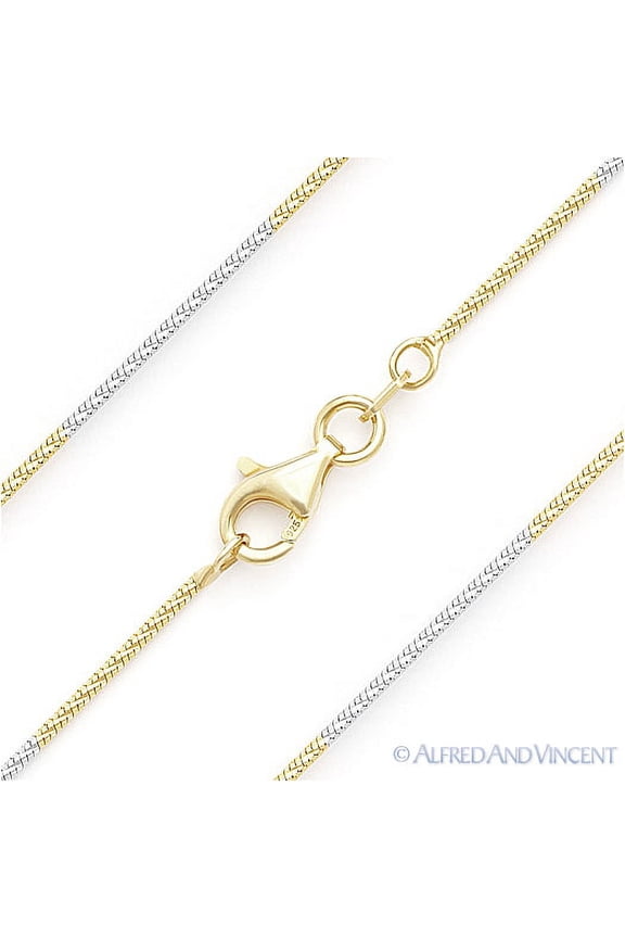 1mm Snake Link D-Cut Sparkle Chain Necklace in 2-Tone .925 Sterling Silver w/ 14k YG & Rhodium