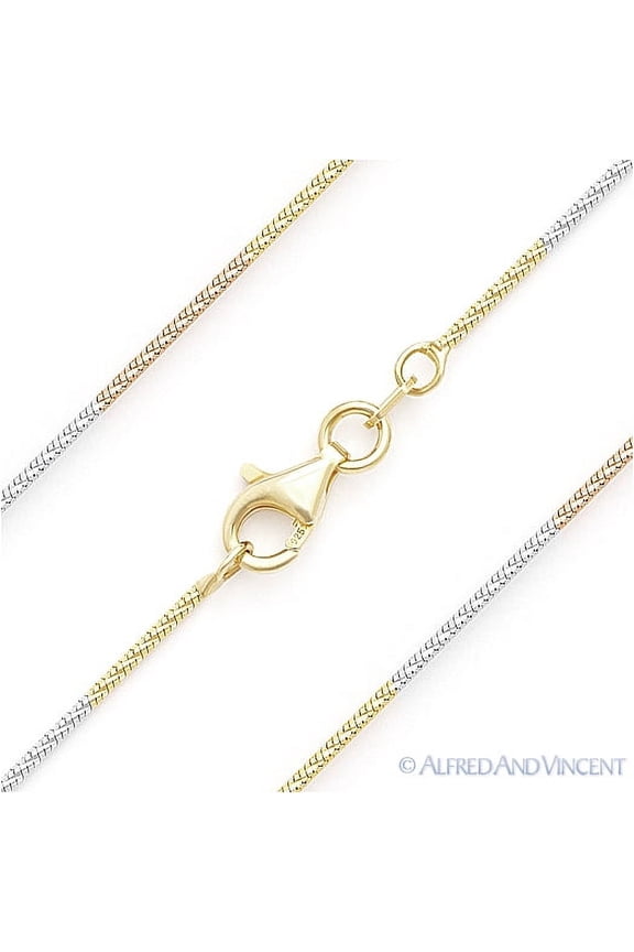 1mm Snake Link D-Cut Sparkle Chain Necklace in 3-Tone .925 Sterling Silver w/ 14k Gold & Rhodium