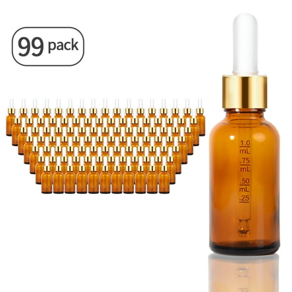 1oz 99 Pack Amber Glass Bottles 30ml with Golden Caps, Extra Plastic Measured Pipettes, Labels, Funnel,Empty Tincture Bottles for Essential Oils