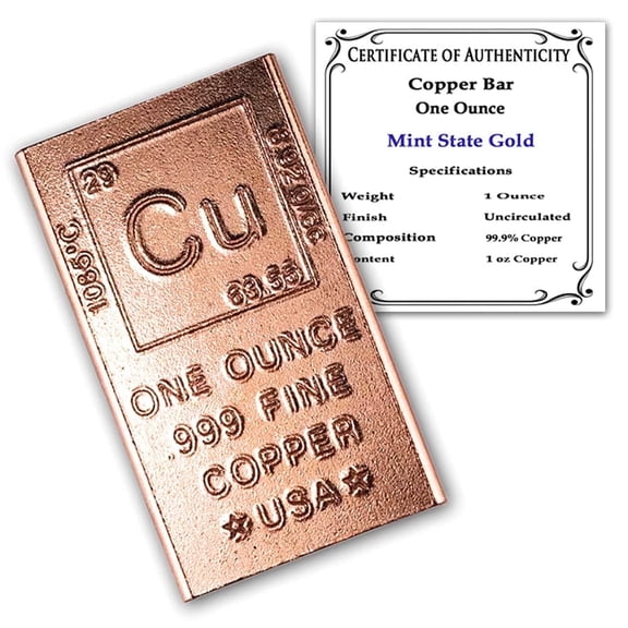 1-Ounce .999 Pure Copper Bar Flat Periodic Table Element Design by Mint State Gold with Certificate