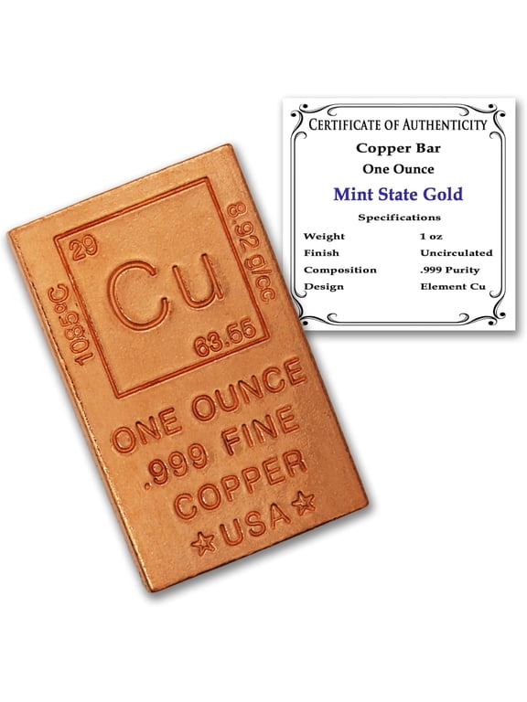 1 oz .999 Pure Copper Bar Flat Periodic Table Element Design with Certificate of Authenticity by Mint State Gold