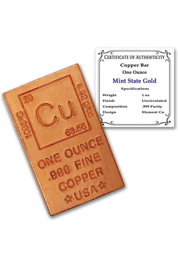 One Ounce (1 oz) .999 Pure Copper Bar Flat Periodic Table Element Design with Certificate of Authenticity by Mint State Gold