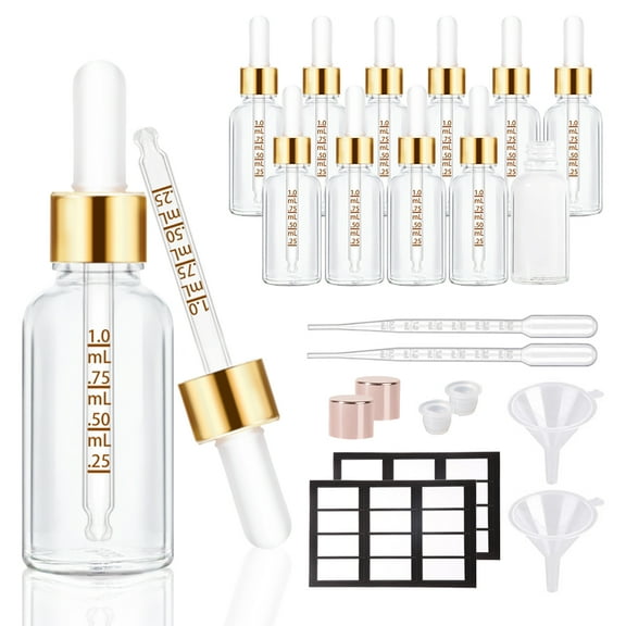 1oz Glass Dropper Bottle 12 Pack Clear Glass Bottles Empty with Golden Caps
