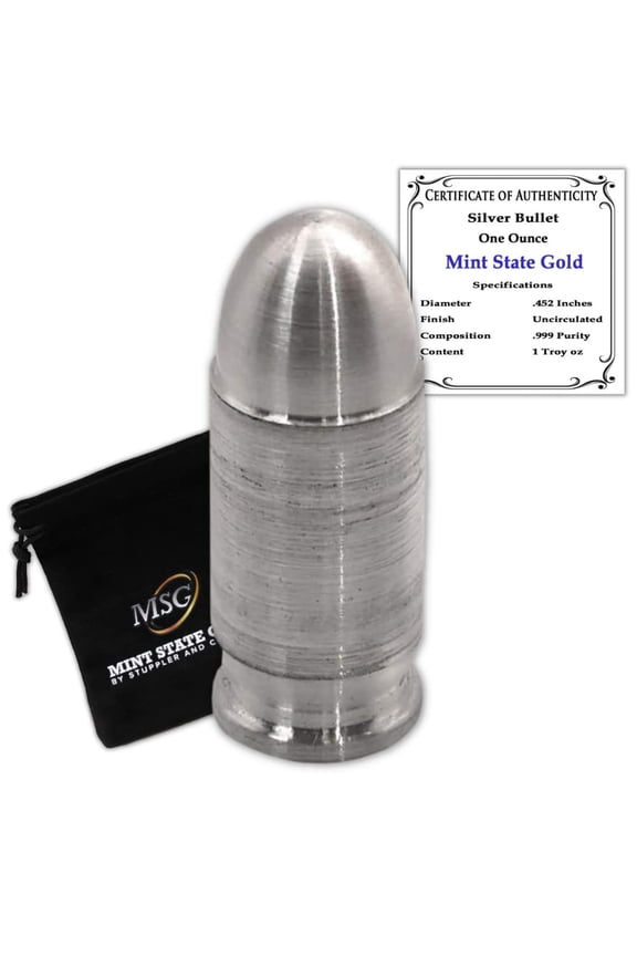 1oz Silver Bullet .45 Calibur 99.9% Fine with Certificate of Authenticity