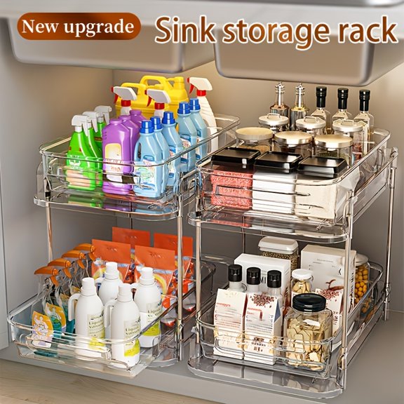 1pack 2-layer Sink Under-sink Storage Box with Sliding Drawers, 2-layer Sliding Cabinet Frame, Transparent Bathroom Kitchen Cabinet Storage Box, Storage Box, Household Kitchen Accessories