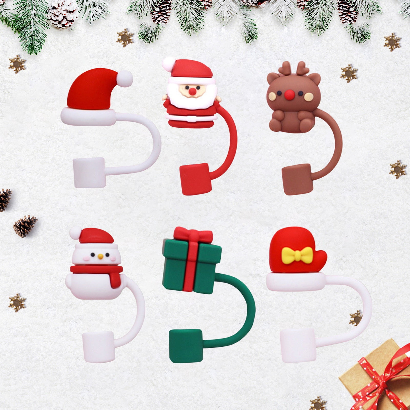1pack 6pcs Christmas Themed Silicone Straw Covers Set Of 6 Festive