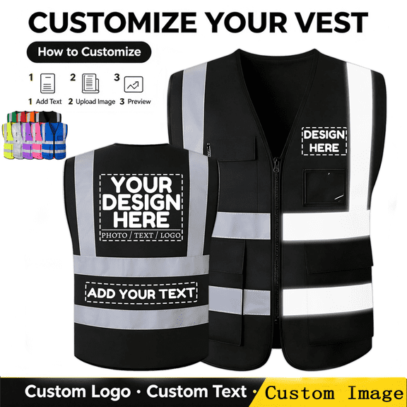 (1pack M Black) Custom Safety Vest, Personalized High Visibility Reflective Work Vest, Custom Logo & Text, Protective Outdoor Workwear