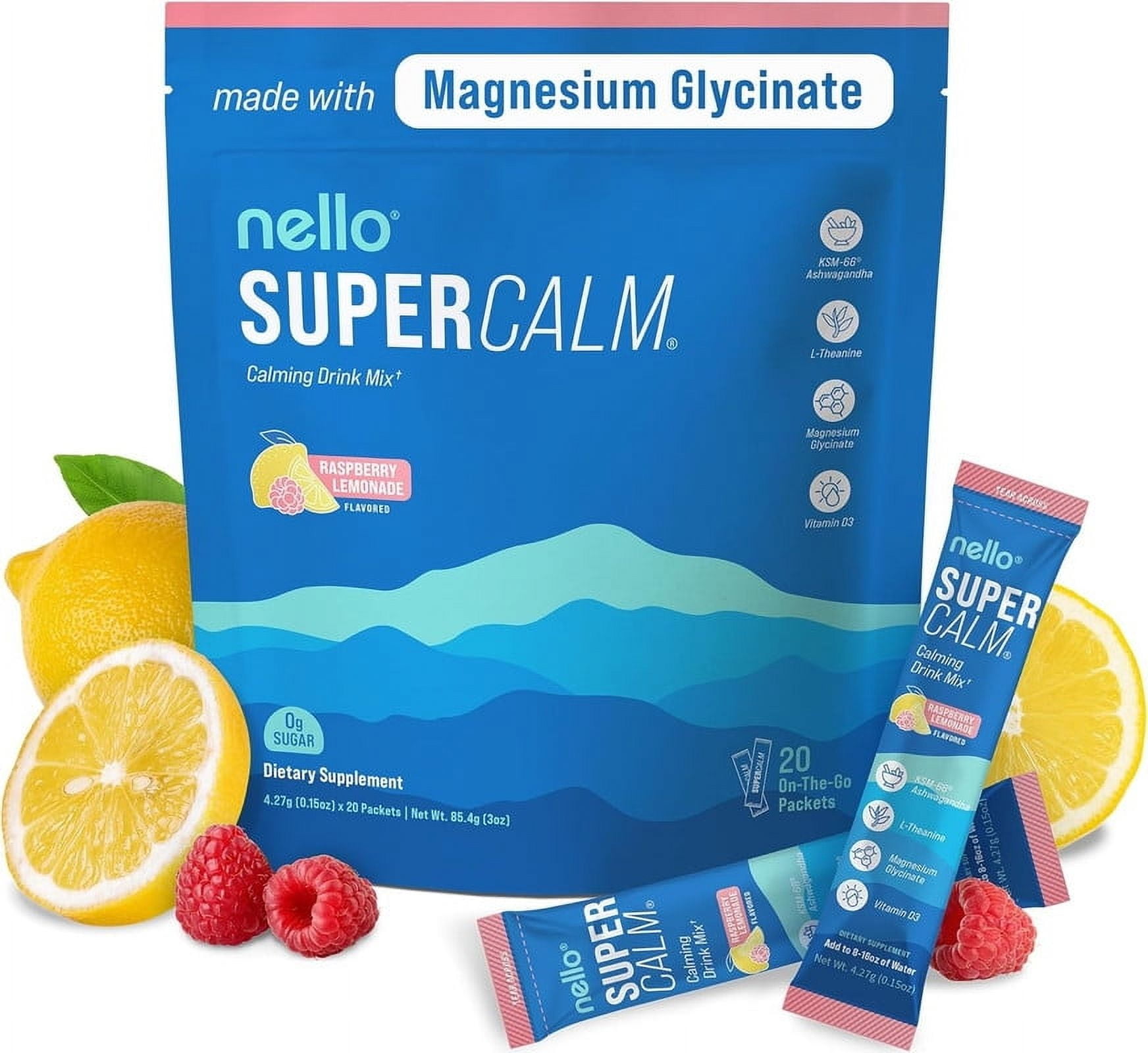 1pack Nello SuperCalm Stress Relief Powder Mix - Cortisol Balance, Natural Relaxation with KSM-66 Ashwagandha, No Sugar, Non-GMO Raspberry Lemonad