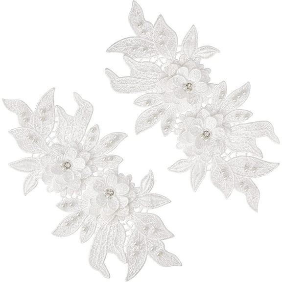 1pair 1 Pair 3D Floral Embroidered Lace Applique Flower Bead Patches with Imitation Pearl Neckline Lace Trim for Sewing Crafts Embellishments Wedding Party Dress Decoration Supplies White