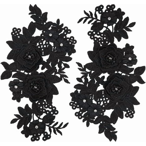 1pair 2Pcs 3D Flower Lace Appliques Rhinestone Beaded Embroidered Sew on/Iron on Patch Black Floral Motif Cloth Collar Trim Patches for Wedding Bridal Dress Decor Clothing Pants Sewing DIY Crafts