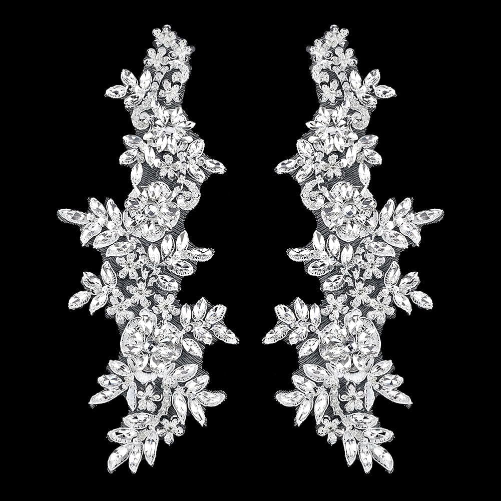 1pair 1 Pair Beaded Rhinestones Clothing Appliques Patch Sewing Beads Stones Trim lace Patches Handmade Silver Flower Rhinestones Beaded Patches