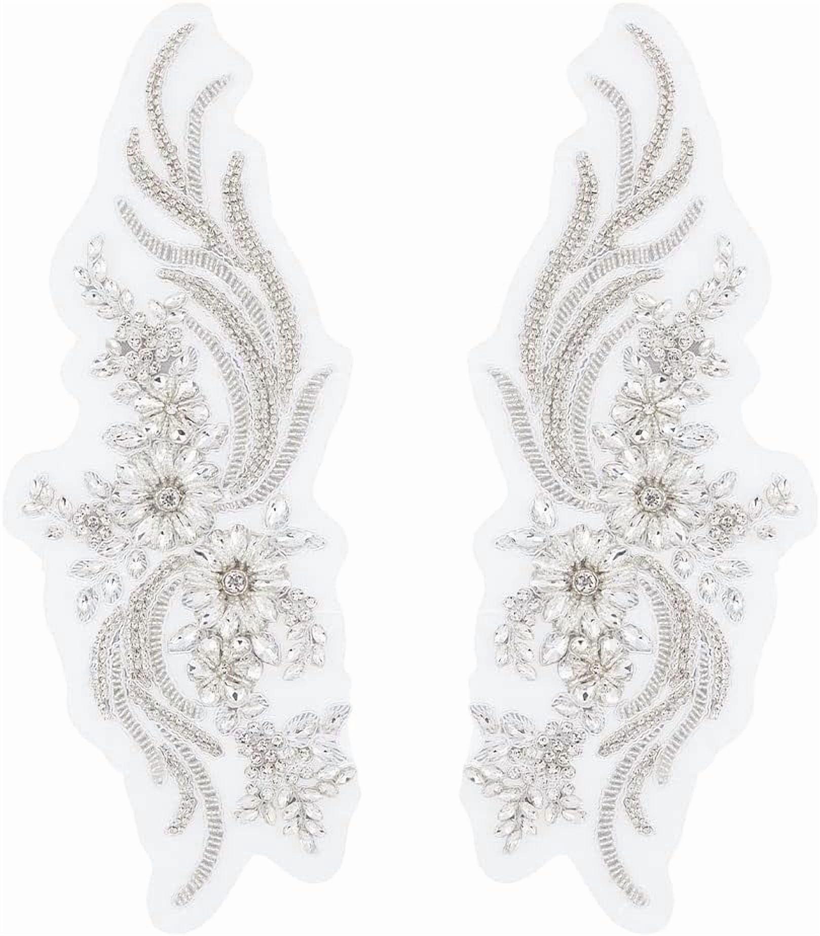 1pair 2Pcs Flower Lace Bead Applique Handmade Rhinestones Appliques Embroidery Floral Patch Sewing Beads Trim Patch Sparkly Sequins Beaded Applique for Clothes Wedding Dresses Decorative