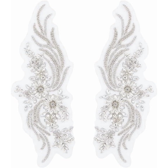 1pair 2Pcs Flower Lace Bead Applique Handmade Rhinestones Appliques Embroidery Floral Patch Sewing Beads Trim Patch Sparkly Sequins Beaded Applique for Clothes Wedding Dresses Decorative