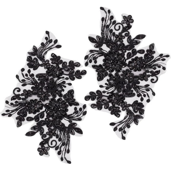 1pair 2Pcs Pearl Flower Embroidery Lace Patches 3D Floral Black Floral Embroidered Sew on Appliques Lace Fabric Trimmings for Headpiece Clothing Bridal Accessories Supply Craft DIY Black