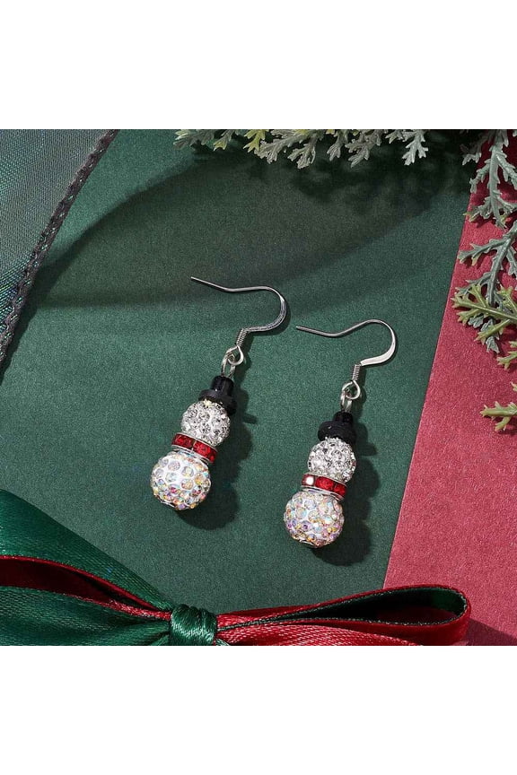 1pair 304 Stainless Steel Dangle Earrings with Brass Rhinestone and Polymer Clay Rhinestone Beads For Christmas Snowman Light Siam 42x17mm