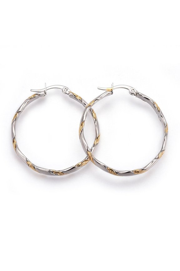1pair 304 Stainless Steel Hoop Earrings Hypoallergenic Earrings Textured Ring Shape Golden & Stainless Steel color 38x35.5x5mm Pin: 1mm