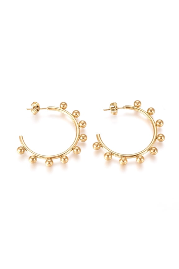 1pair 304 Stainless Steel Stud Earrings Half Hoop Earrings Hypoallergenic Earrings with Round Beads and Earring Backs Golden 37x37.8x4mm pin: 0.7mm 1pair