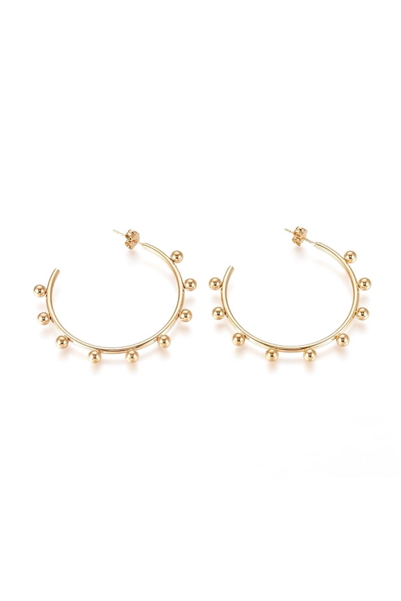 1pair 304 Stainless Steel Stud Earrings Half Hoop Earrings Hypoallergenic Earrings with Round Beads and Earring Backs Golden 47.5x48.2x4mm Pin: 0.7mm