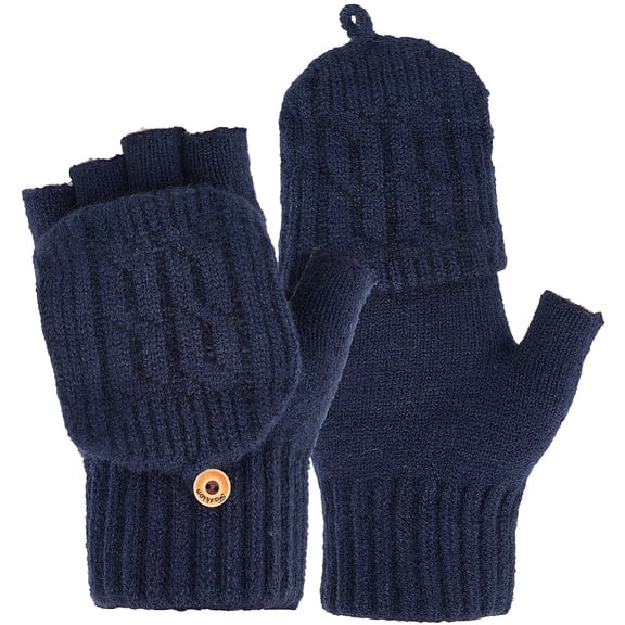 1pair Alpaca Wool & Spandex Winter Knitted Convertible Fingerless Gloves Flip Top Gloves Prussian Blue 170x110x20mm