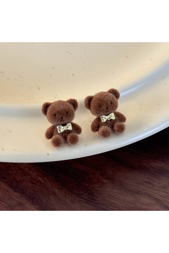 1pair British style Cartoon Bow Plush Bear Stud Earrings Alloy Earrings for Women Coconut Brown 16x14mm
