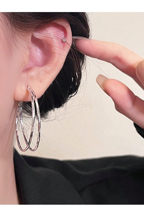 1pair Fashionable & Dramatic Double Layered Metallic Hoop Earrings For Women
