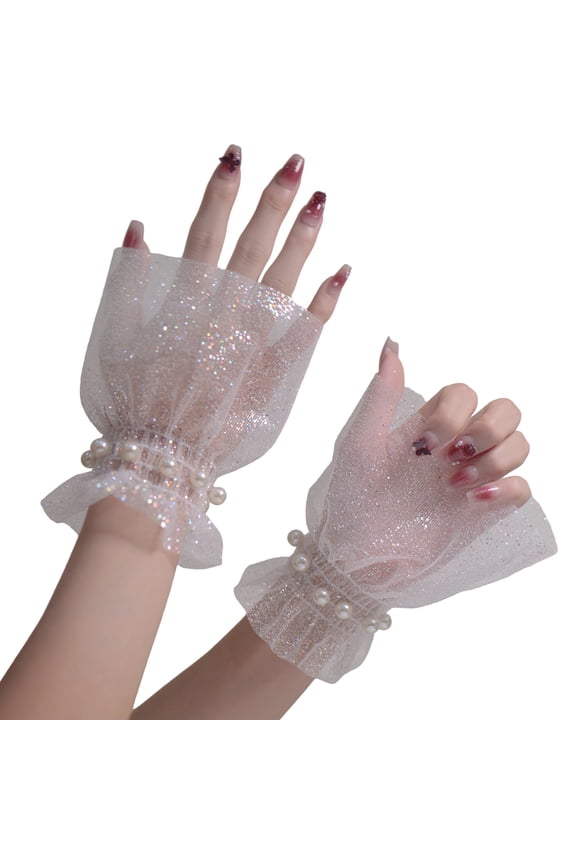 1pair Fashionable Pearl Decorated Fingerless Gloves for Bride and Party