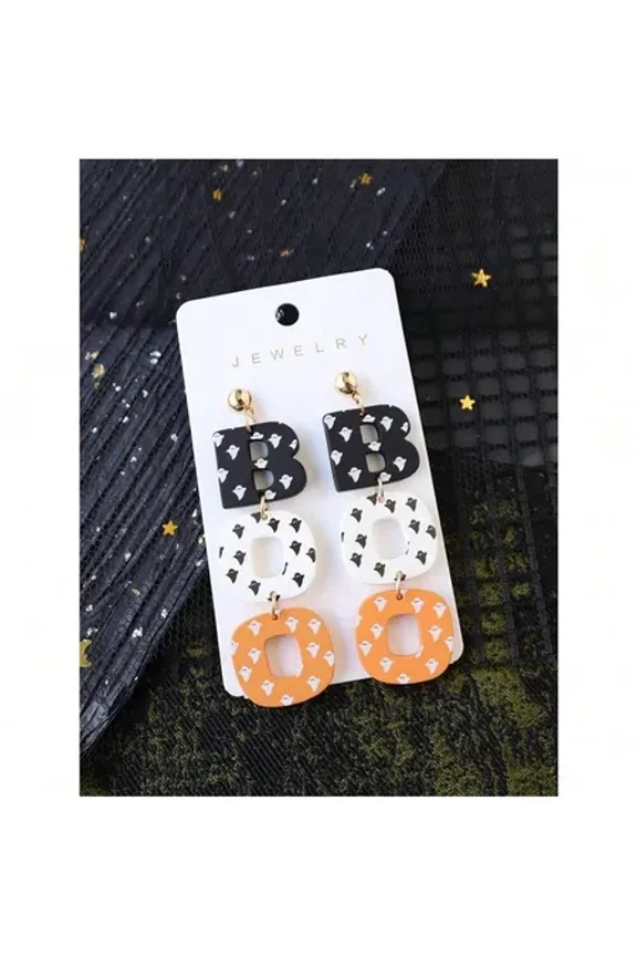 1pair Halloween Ghost Printed Acrylic & Polymer Clay BOO Earrings, Fun And Cute Party Ear Accessories, Holiday Gift